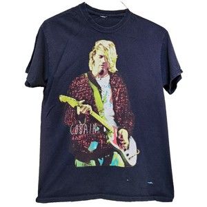 Kurt Cobain Red Jacket Guitar Black T-Shirt M Retro Nirvana Rock 80's 90's